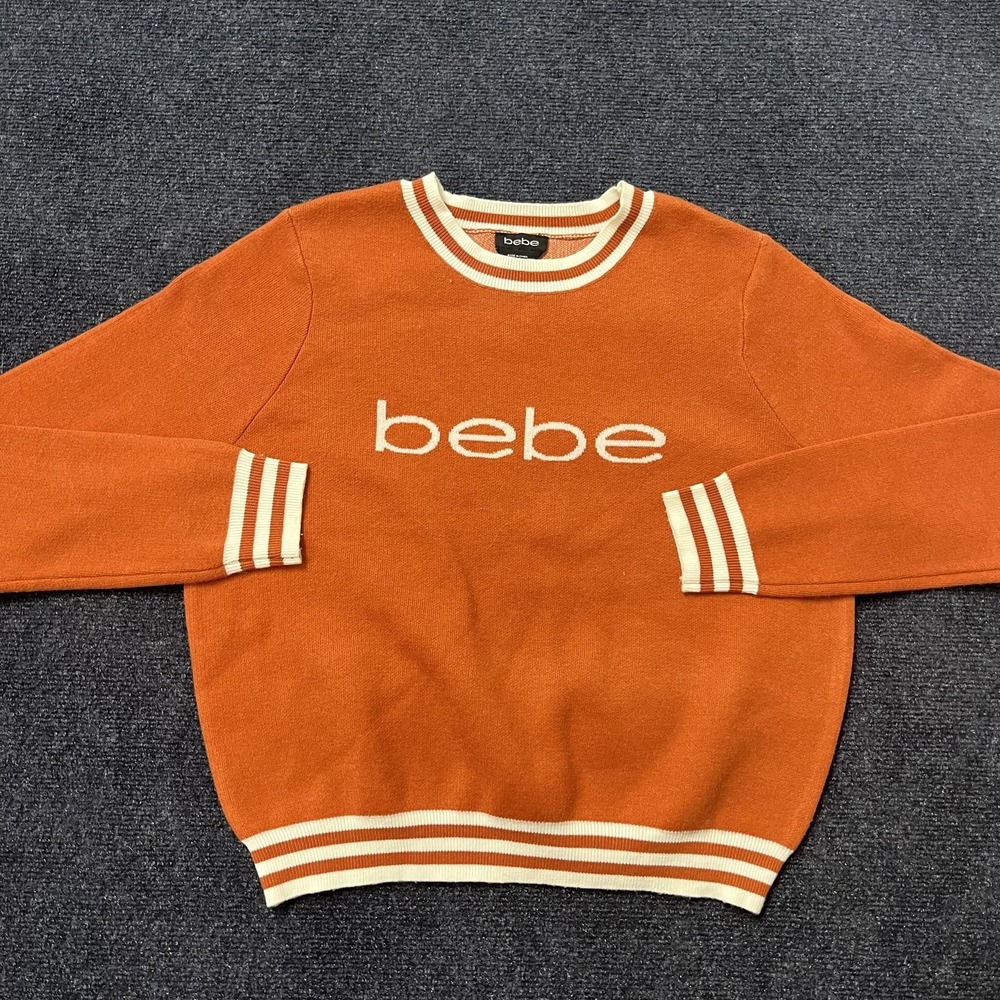 Bebe Sweater Womens Large Orange Logo Crewneck Pullover Striped Trim Knit
